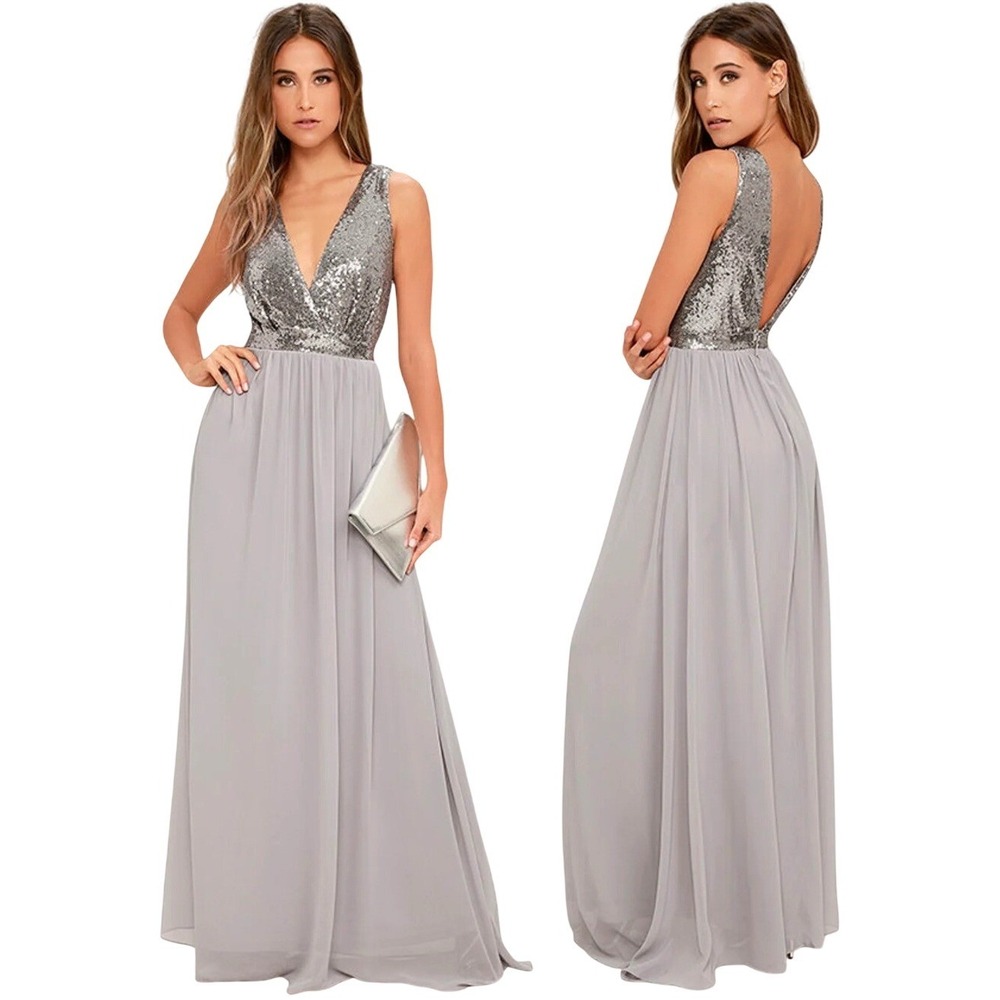 Lulus Elegant Encounter Pewter Sequin Maxi Dress Silver Grey V-Neck Gown Small